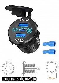 Biketec 12V beépíthető 2 USB + 1 Type-C QC3.0 gyorstöltőaljzat BTMUS15